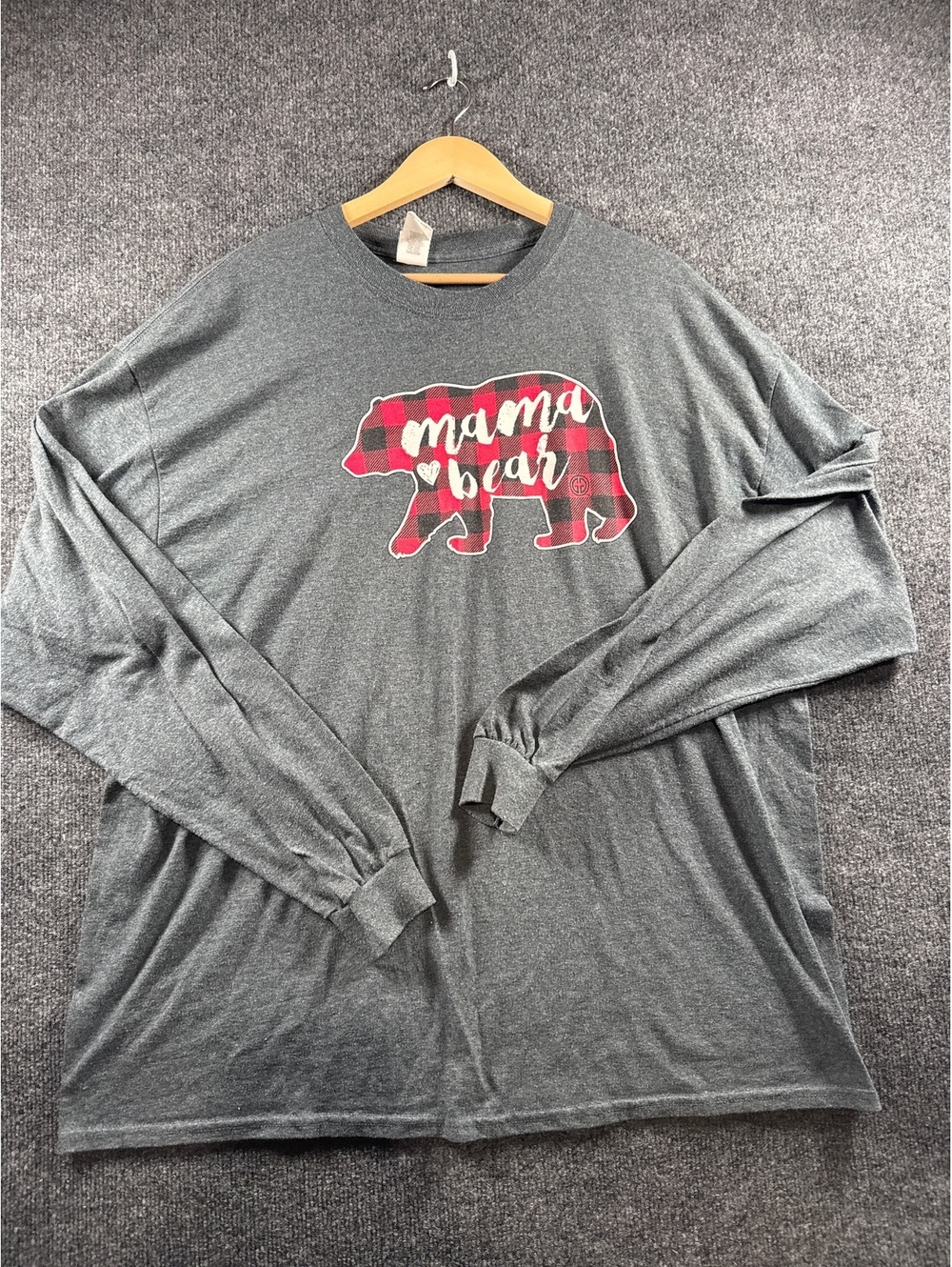 Girlie Girl Originals Mama Bear 2XL Gray Long Sleeve Buffalo Plaid T-Shirt